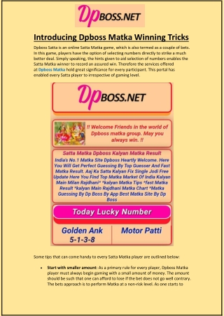Introducing Dpboss Matka Winning Tricks
