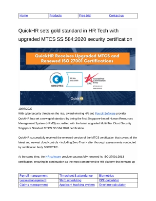 QuickHR sets gold standard in HR Tech with upgraded MTCS SS 584_2020 security certification