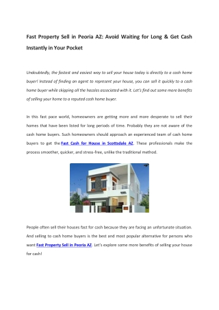 Fast Property Sell in Peoria AZ Avoid Waiting for Long & Get Cash Instantly in Your Pocket