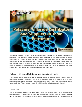 Polyvinyl Chloride Distributor and Suppliers in India - Petromart