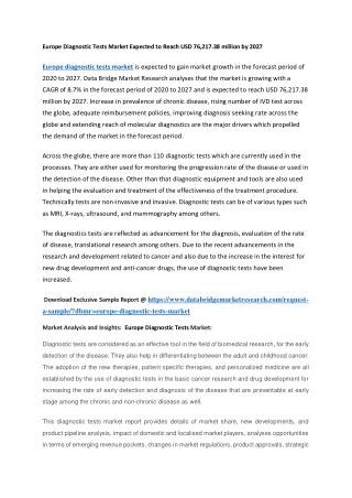 Europe Diagnostic Tests Market Expected to Reach USD 76,217.38 million by 2027