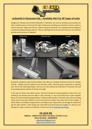 Locksmith in Panorama City Available 24x7 for All Types of Locks