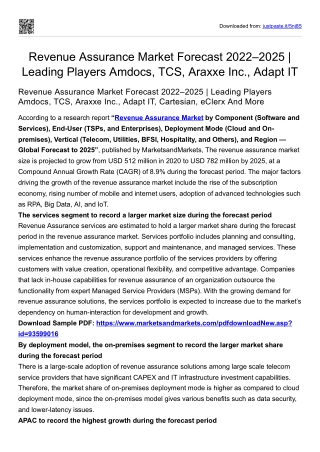 Revenue Assurance Market Forecast 2022–2025 | Leading Players Amdocs, TCS, etc