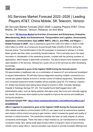 5G Services Market Forecast 2022–2026 | Leading Players AT&T, China Mobile, Ect