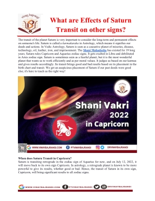 What are Effects of Saturn Transit on other signs