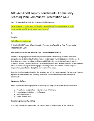 NRS-428-O501 Topic 5 Benchmark - Community Teaching Plan Community Presentation GCU