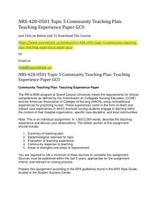 NRS-428-O501 Topic 5 Community Teaching Plan Teaching Experience Paper GCU