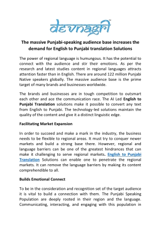 The massive Punjabi-speaking audience base increases the demand for English to Punjabi translation Solutions