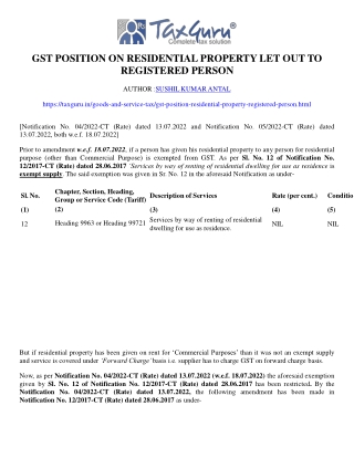 GST position on residential property let out to registered person