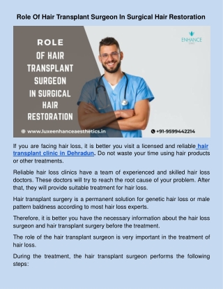 Role Of Hair Transplant Surgeon In Surgical Hair Restoration
