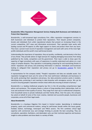 Brandsmiths Offers Reputation Management Services Helping Both Businesses and Individuals to Protect their Reputation