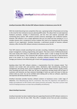 Amethyst Associates Offers the Best ERP Software Solutions to Businesses across the UK