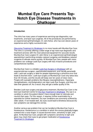 Mumbai Eye Care Presents Top-Notch Eye Disease Treatments In Ghatkopar