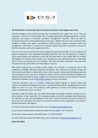 DSJ Global Offers Technical Operations Recruitment Solutions in the Supply Chain Sector