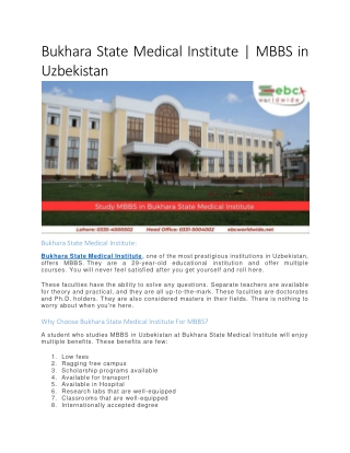 Bukhara State Medical Institute | MBBS in Uzbekistan