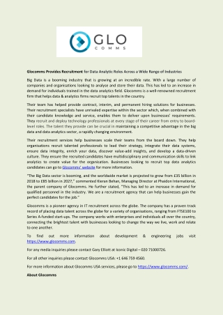 Glocomms Provides Recruitment for Data Analytic Roles Across a Wide Range of Industries