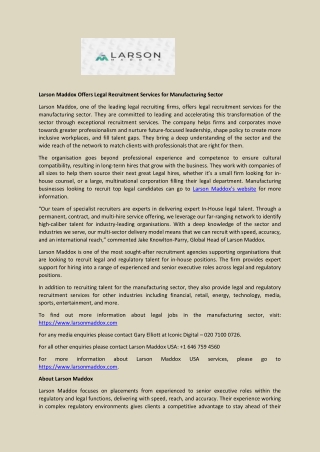 Larson Maddox Offers Legal Recruitment Services for Manufacturing Sector