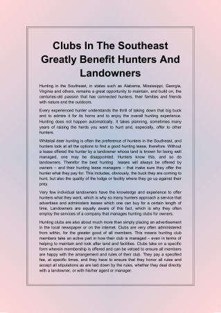 Clubs In The Southeast Greatly Benefit Hunters And Landowners