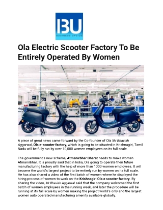 Ola Electric Scooter Factory To Be Entirely Operated By Women