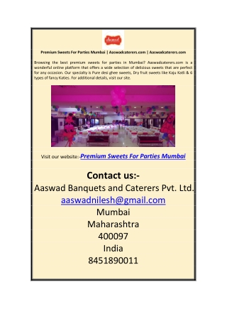 Premium Sweets For Parties Mumbai | Aaswadcaterers.com | Aaswadcaterers.com