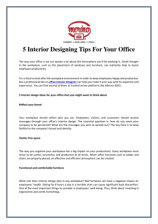 5 Interior Designing Tips For Your Office