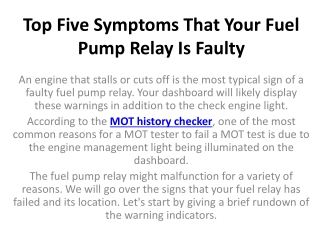 Top Five Symptoms That Your Fuel Pump Relay Is Faulty