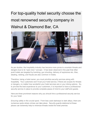 For top-quality hotel security choose the most renowned security company in Walnut & Diamond Bar, CA