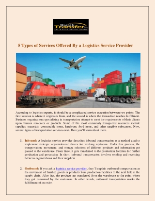 5 Types of Services Offered By a Logistics Service Provider