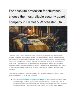 For absolute protection for churches choose the most reliable security guard company in Hemet & Winchester, CA