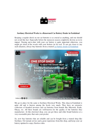 Sawhney Electrical Works is a Renowned Car Battery Dealer in Faridabad