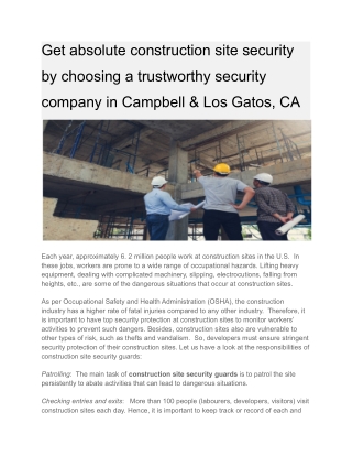 Get absolute construction site security by choosing a trustworthy security company in Campbell & Los Gatos, CA