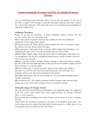 Common Orthopedic Procedures And Why You Should Get Surgery Overseas