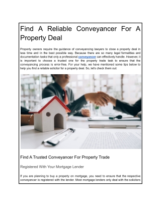 Find A Reliable Conveyancer For A Property Deal