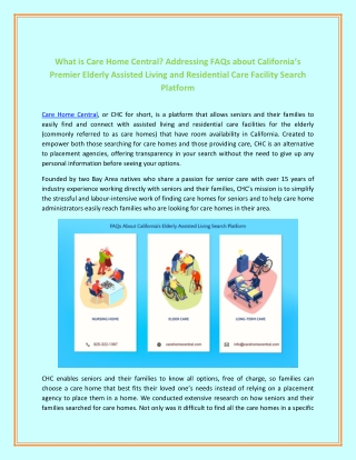 FAQs About California's Elderly Assisted Living Search Platform