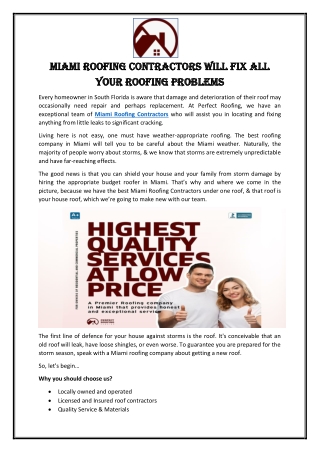 Miami Roofing Contractors will Fix All Your Roofing Problems