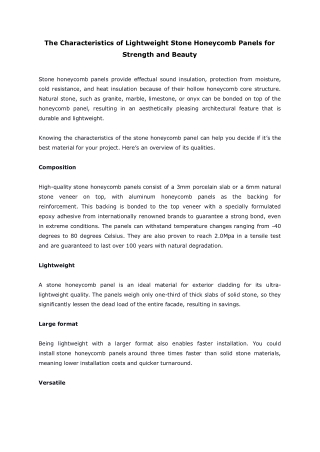 The Characteristics of Lightweight Stone Honeycomb Panels for Strength and Beauty