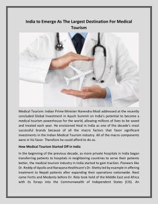 India to Emerge As The Largest Destination For Medical Tourism