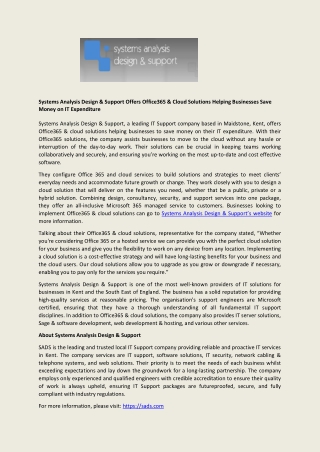 Systems Analysis Design & Support Offers Office365 & Cloud Solutions Helping Businesses Save Money on IT Expenditure