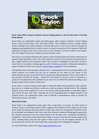 Brock Taylor Offers Property Valuation Services Helping Buyers to Get the Best Deal in the Real Estate Market