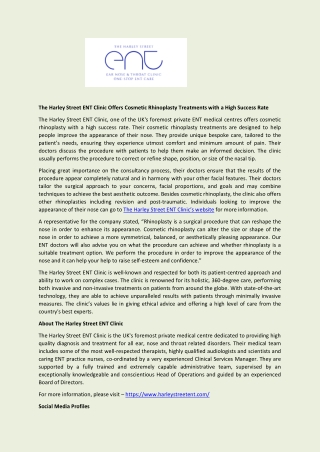 The Harley Street ENT Clinic Offers Cosmetic Rhinoplasty Treatments with a High Success Rate