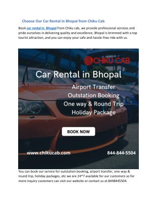 Choose Our Car Rental in Bhopal from Chiku Cab