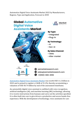 Automotive Digital Voice Assistants Market Size, Share, Application by 2022