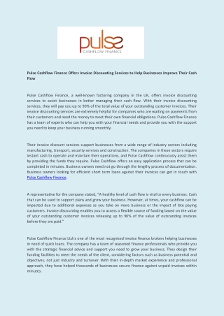 Pulse Cashflow Finance Offers Invoice Discounting Services to Help Businesses Improve Their Cash Flow