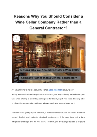 Reasons Why You Should Consider a Wine Cellar Company Rather than a General Contractor