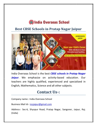 Best CBSE Schools in Pratap Nagar Jaipur