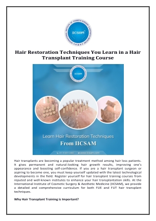 Hair Restoration Techniques You Learn in a Hair Transplant Training Course