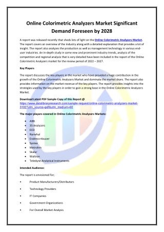 Global Online Colorimetric Analyzers Market Opportunities and Forecast 2020-2027