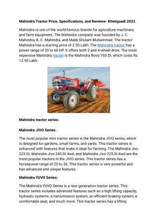 Mahindra Tractor Price, Specifications, and Reviews- Khetigaadi 2022