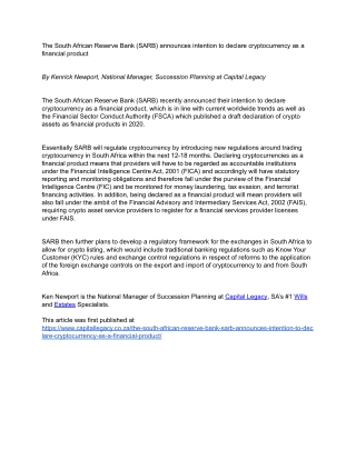 The South African Reserve Bank (SARB) announces intention to declare cryptocurrency as a financial producthttps___www.ca