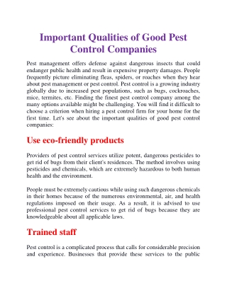 Important qualities of good pest control companies